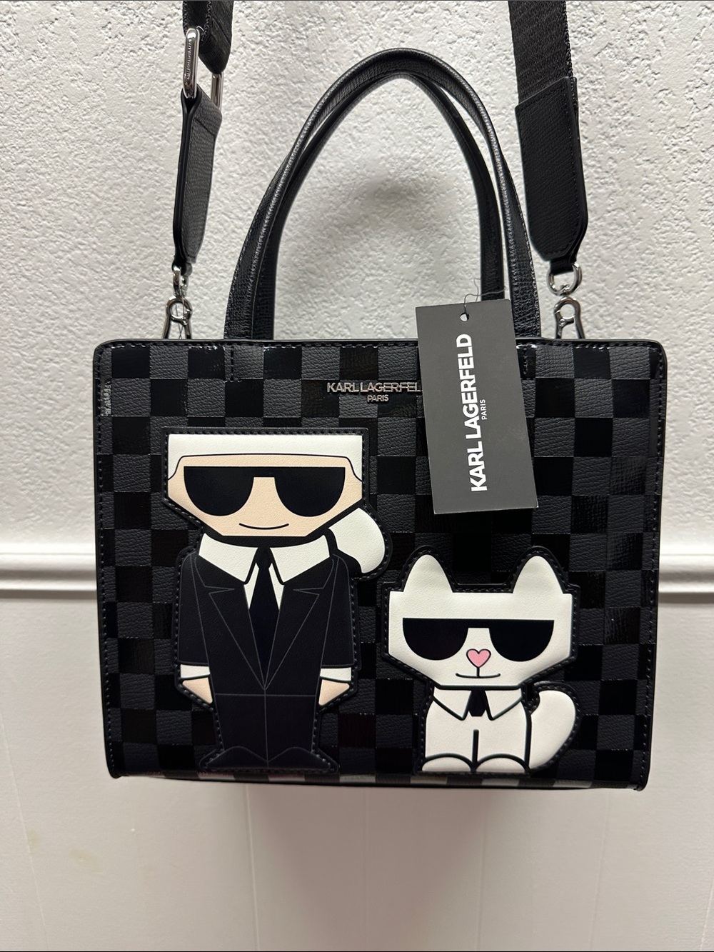 K200 Karl Lagerfeld Black Gray Check Maybelle Satchel Sporty Handbag Crossbody